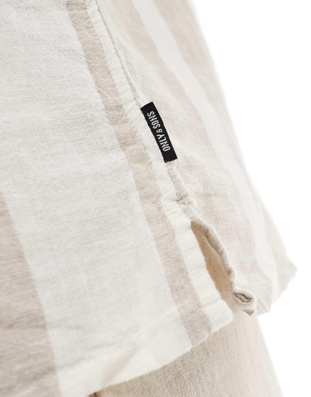 Only & Sons camp collar linen mix shirt in beige stripe Product Image