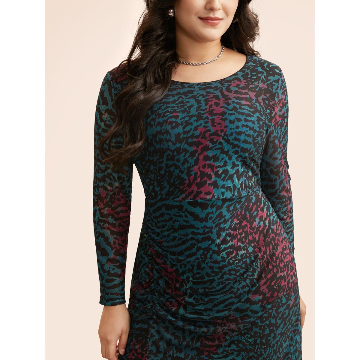 Plus Size Leopard Print Ruched Split Hem Dress Aegean Women Elegant Gathered Round Neck Long Sleeve Curvy BloomChic 10/M Product Image