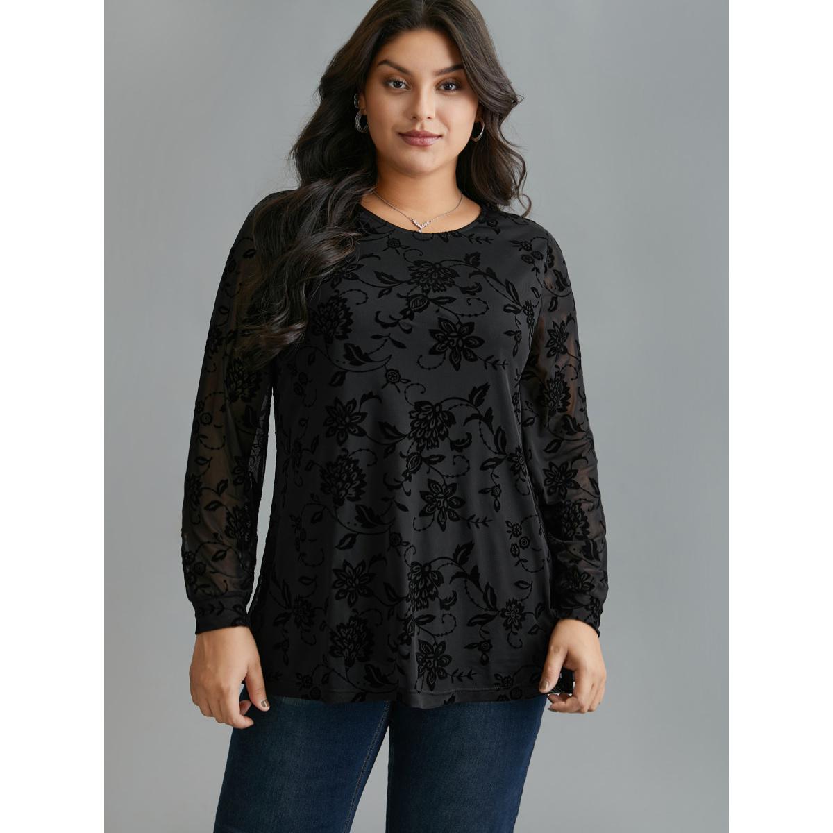 Plus Size Black Floral Flocking Sheer Sleeve Lined Knit Top Women Elegant Long Sleeve Round Neck Everyday Blouses BloomChic 14-16/1X Product Image
