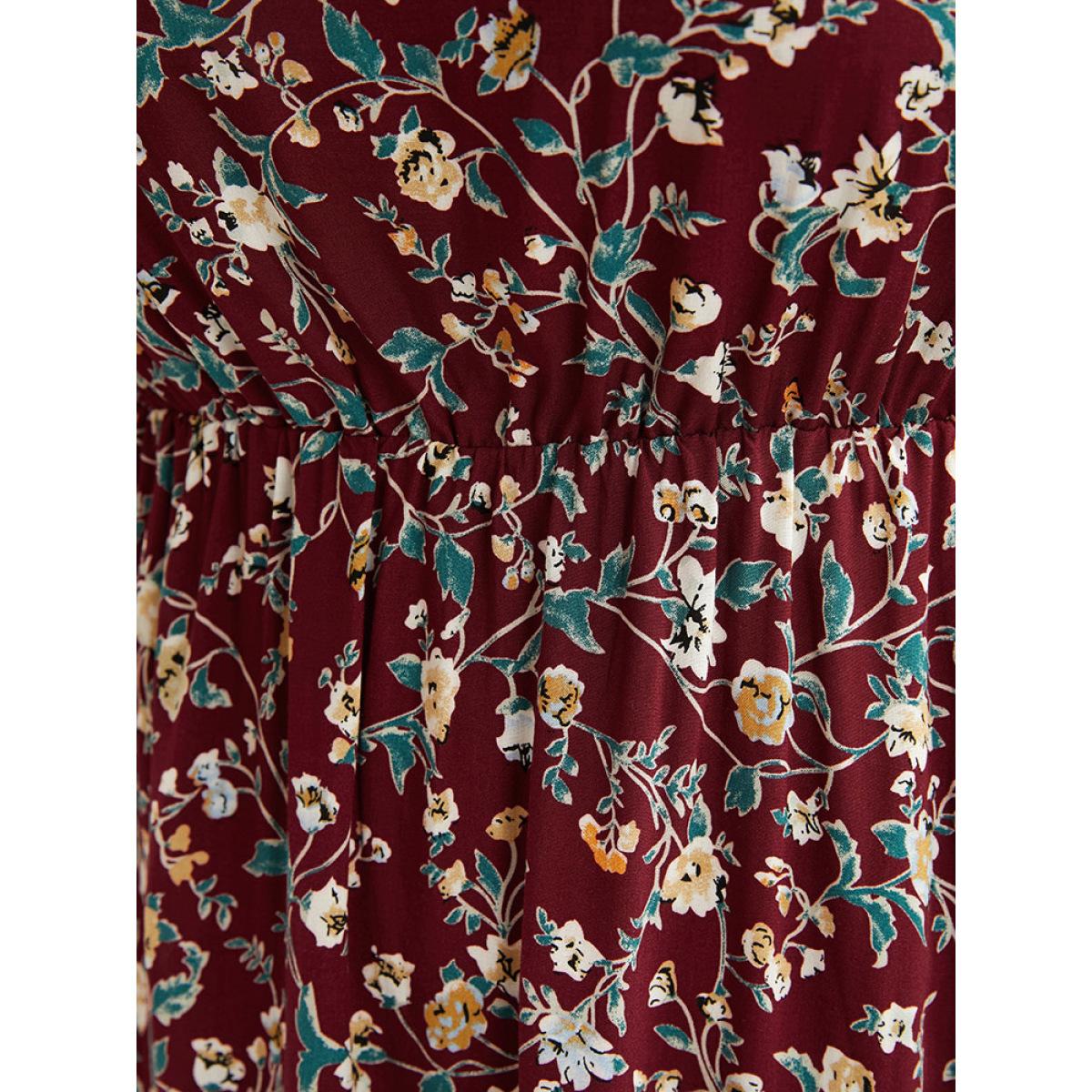 Plus Size Floral Pocket Lantern Sleeve Square Neck Flutter Dress Scarlet Women Elegant Tiered Square Neck Long Sleeve Curvy Midi Dress BloomChic 12/L Product Image