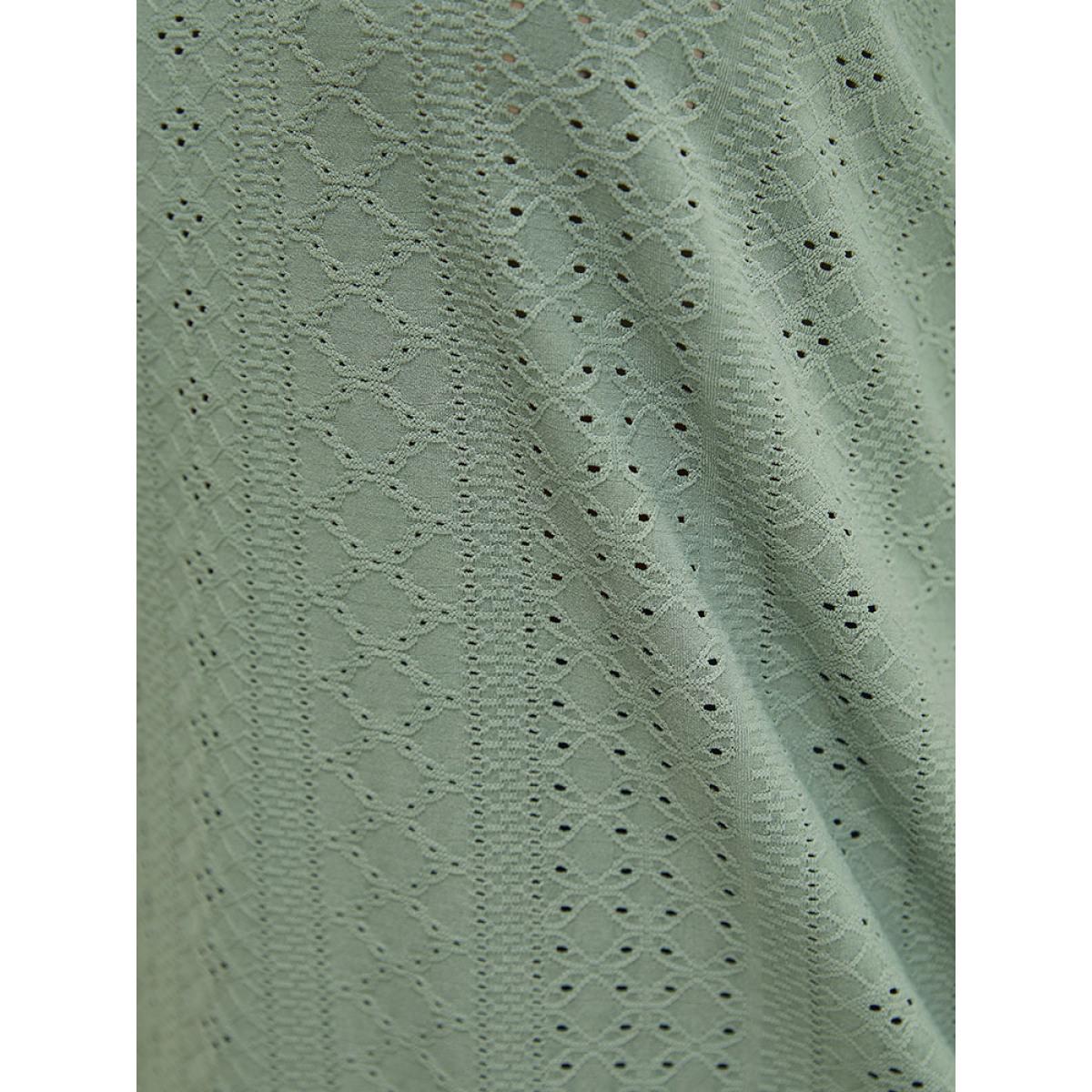 Plus Size Plain Roll Sleeve Broderie Anglaise T-shirt Sage Women Casual Broderie anglaise Plain V-neck Dailywear T-shirts BloomChic 10/M Product Image