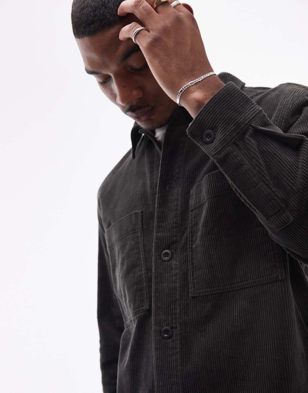 ARKET cord overshirt with front patch pockets in dark khaki Product Image