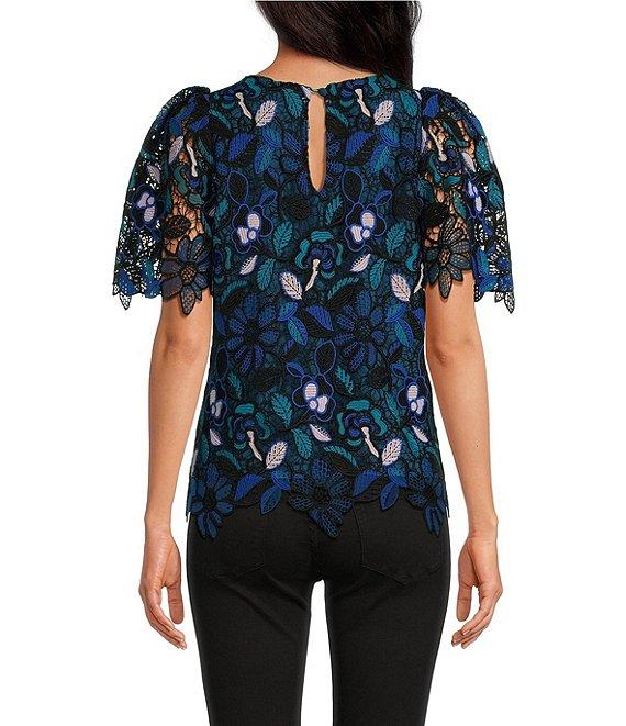 Abbey Glass Marty Woven Floral Lace Crew Neck Sheer Short Puff Sleeve Blouse Product Image