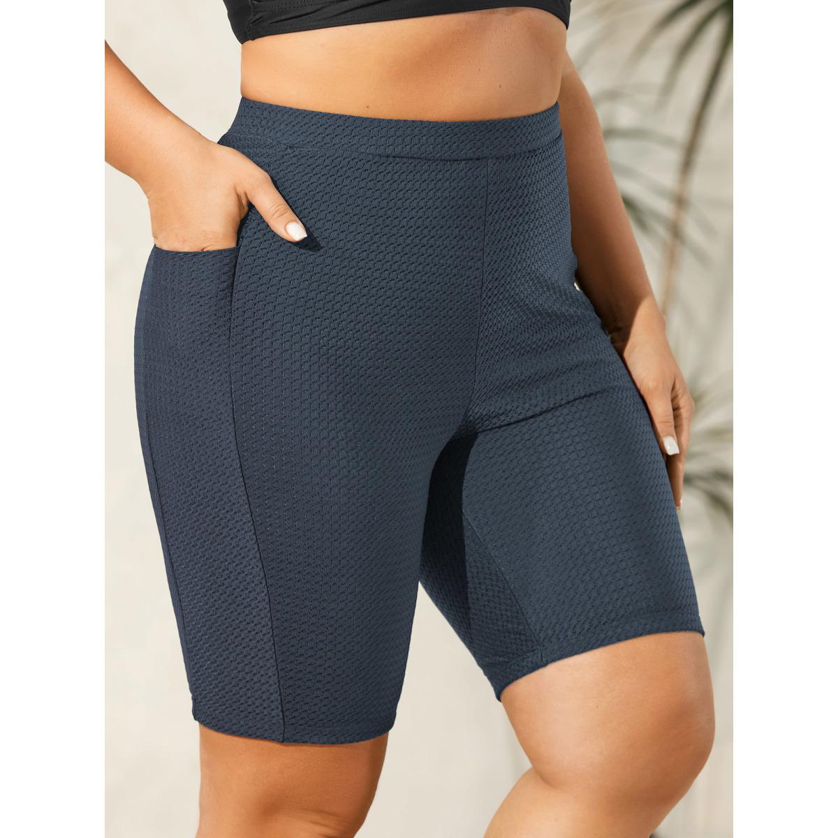 Plus Size Textured Side Pockets Sculpting Swim Bottoms Women's Swimwear Indigo Beach Texture High stretch Skinny High Rise Side seam pocket Curve Swim Bottoms BloomChic 28/5X Product Image