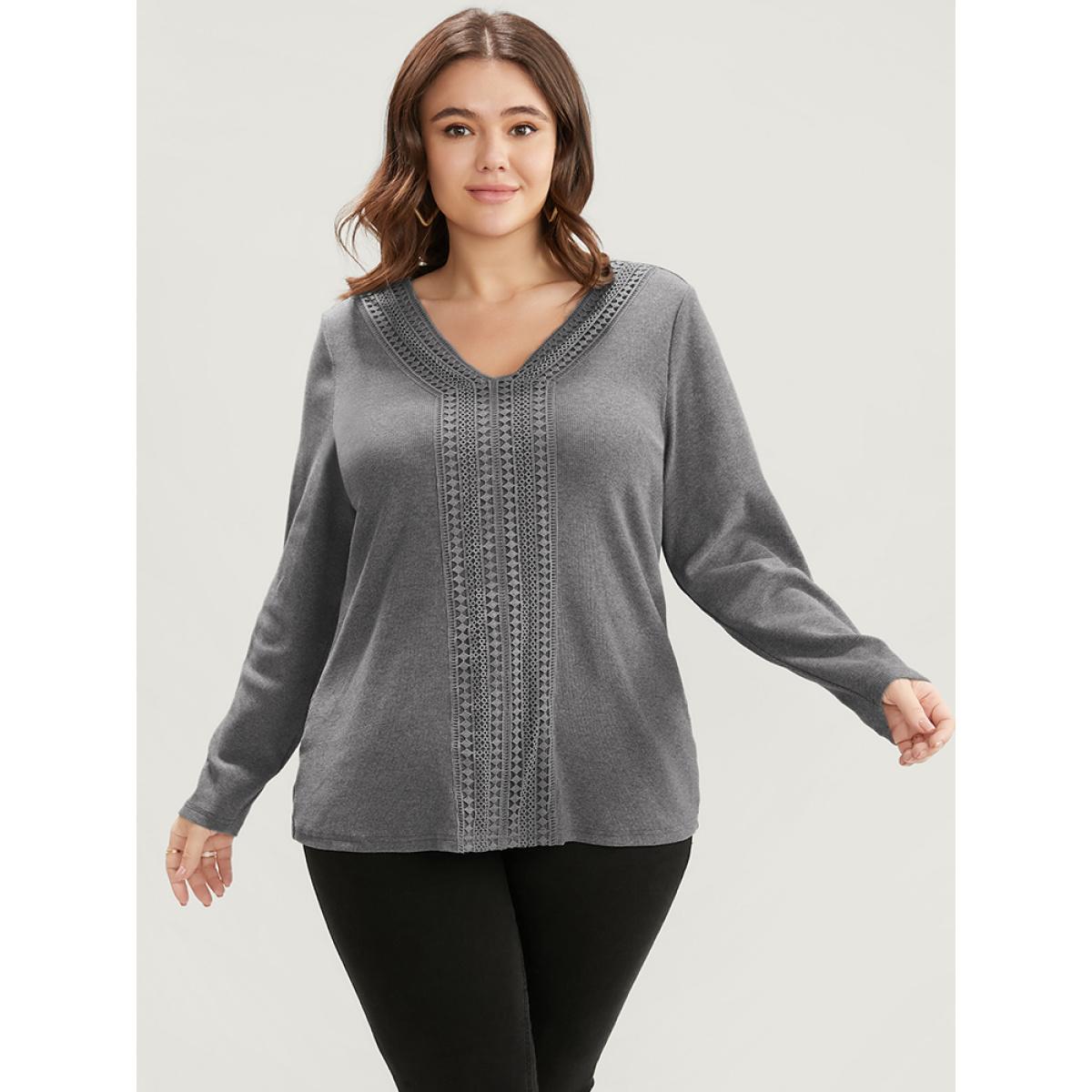 Plus Size Solid V Neck Crochet Lace Rib Knit Long Tee Gray Women Elegant Patchwork Plain V-neck Dailywear T-shirts BloomChic 10/M Product Image