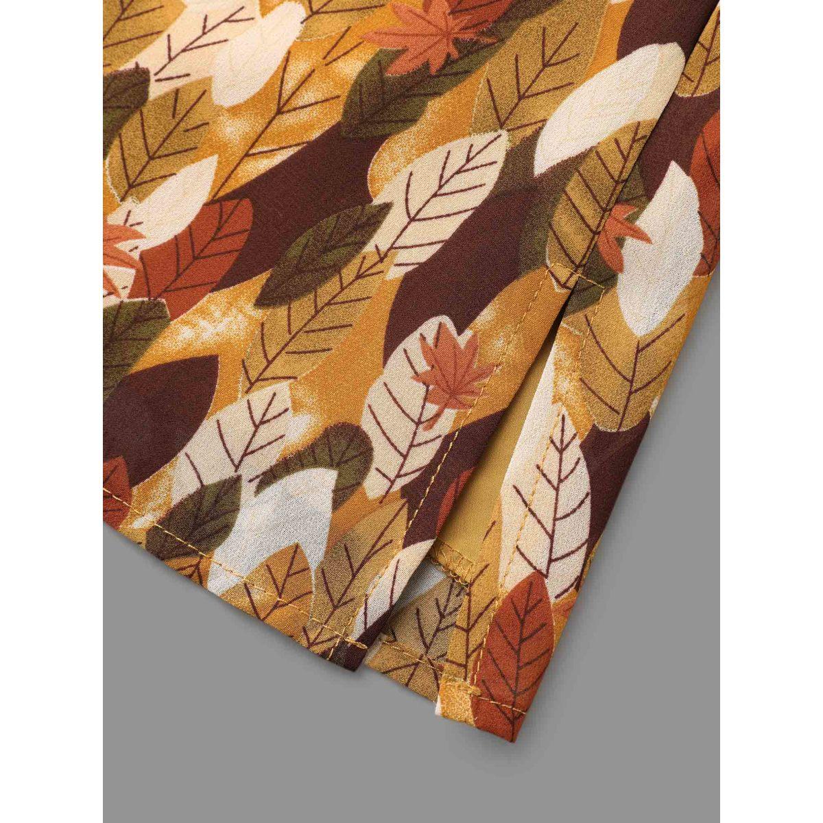 Plus Size Multicolor Leaves Print Ruffle Trim Slit Hem Blouse Women Elegant Long Sleeve V-neck Everyday Blouses BloomChic 18-20/2X Product Image