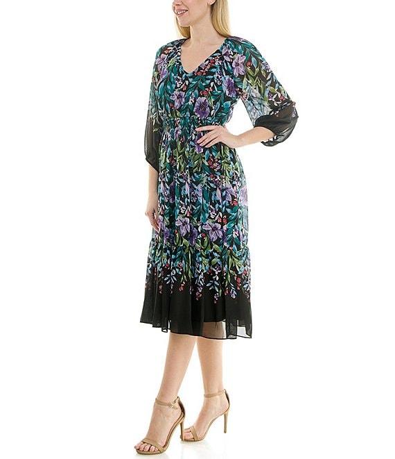 Moda Tara Chiffon V-Neck 3/4 Sleeve Floral Printed Midi Dress Product Image
