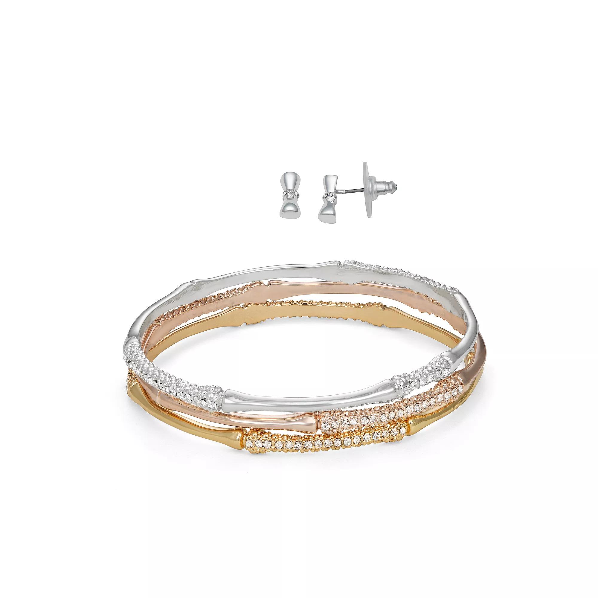 Napier Tri-Tone Bamboo Bracelet & Stud Earrings Set, Women's Product Image
