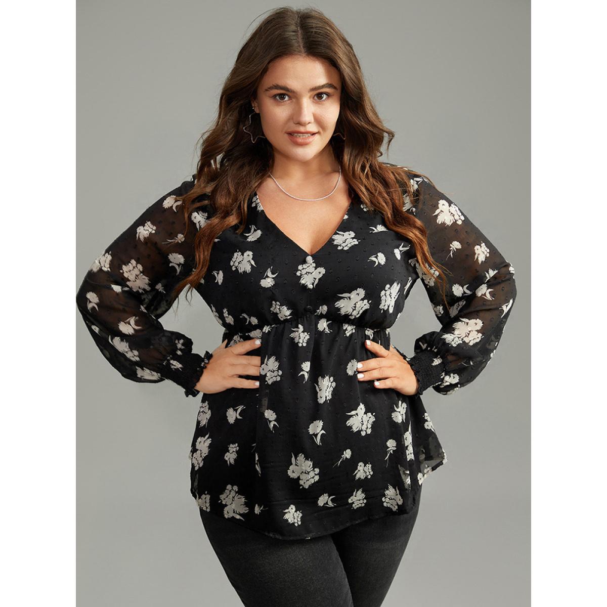 Plus Size BlackFlower Silhouette Floral Print Gathered Shirred Blouse Women Elegant Long Sleeve V-neck Dailywear Blouses BloomChic 26/4X Product Image