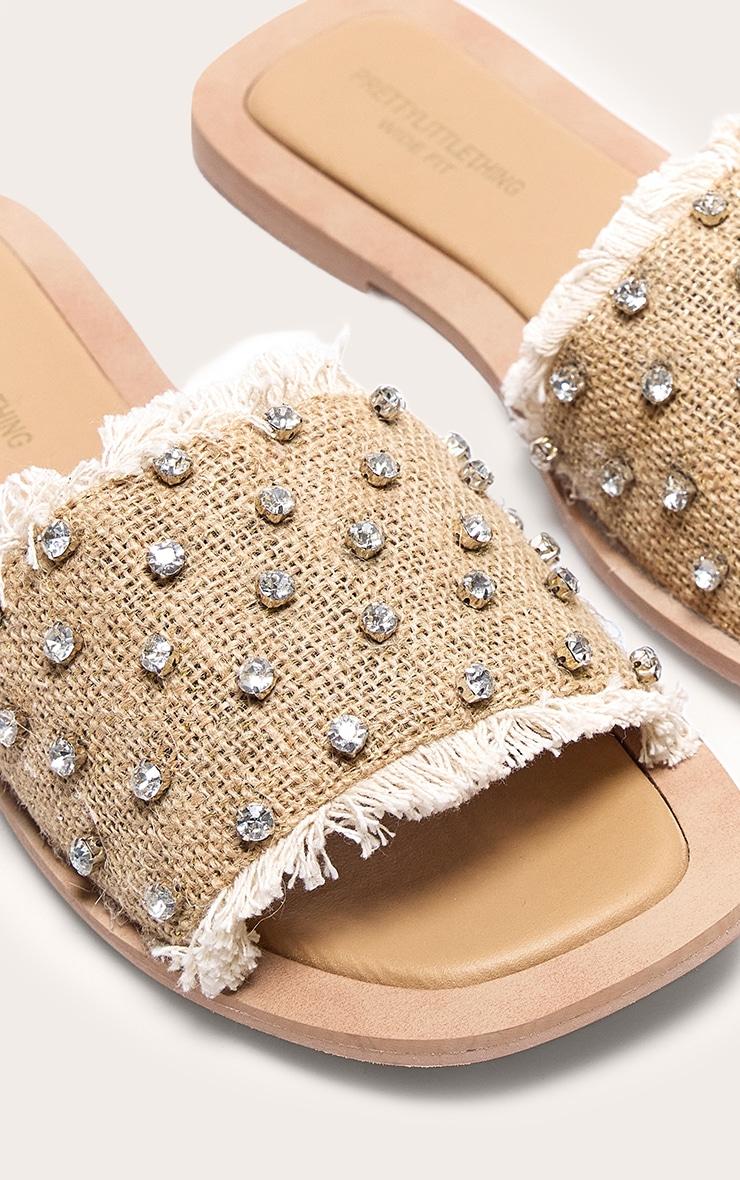 Cream Wide Fit Round Toe Raffia Fringed Diamante Woven Flat Mule Sandals Product Image