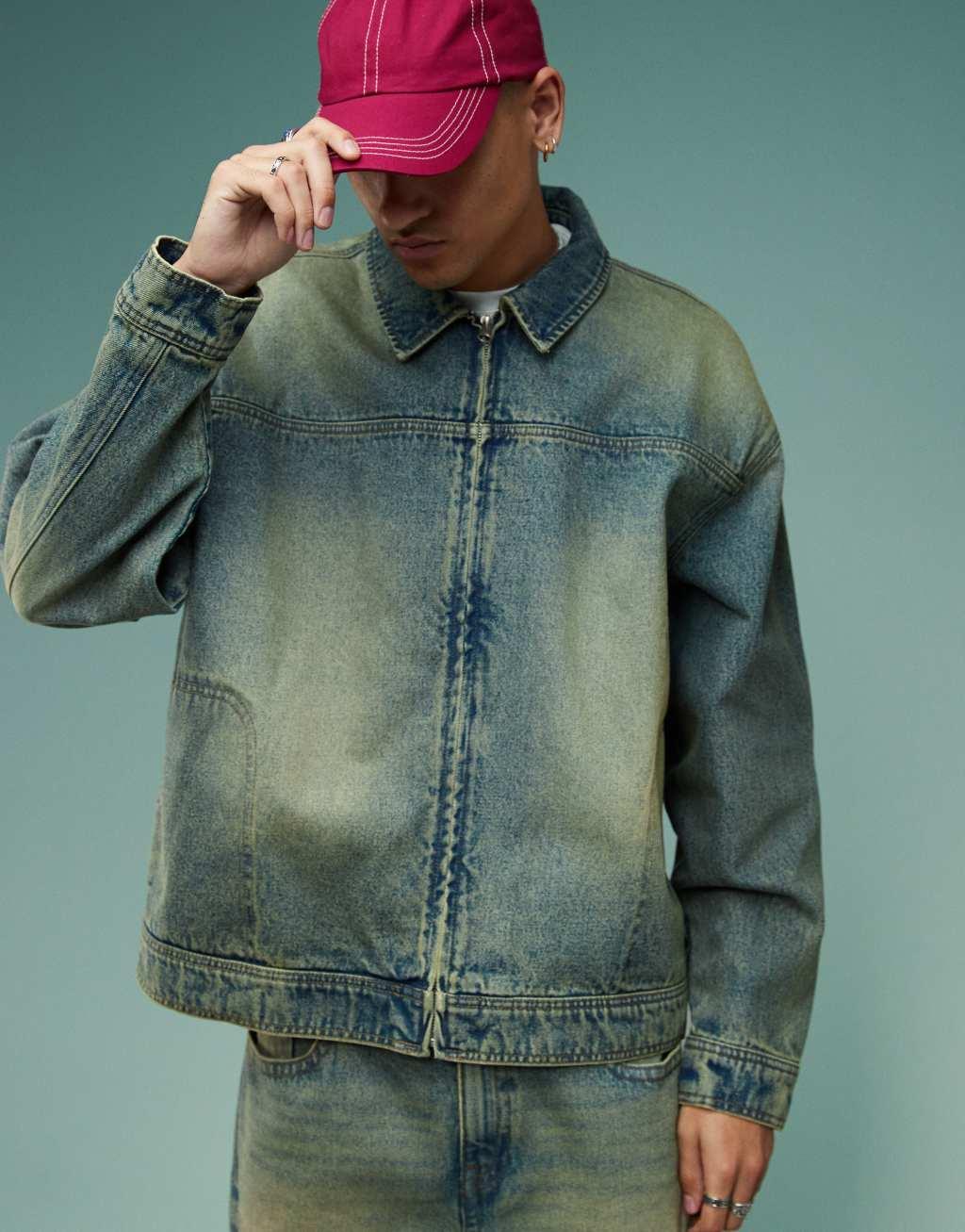 ASOS DESIGN harrington jacket with tint in mid wash blue - part of a set Product Image