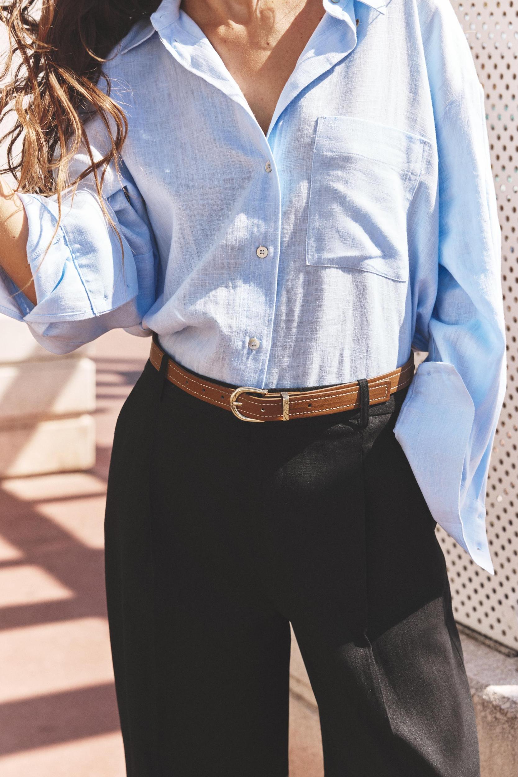 LINEN STRAIGHT LEG PANTS WITH BELT Product Image