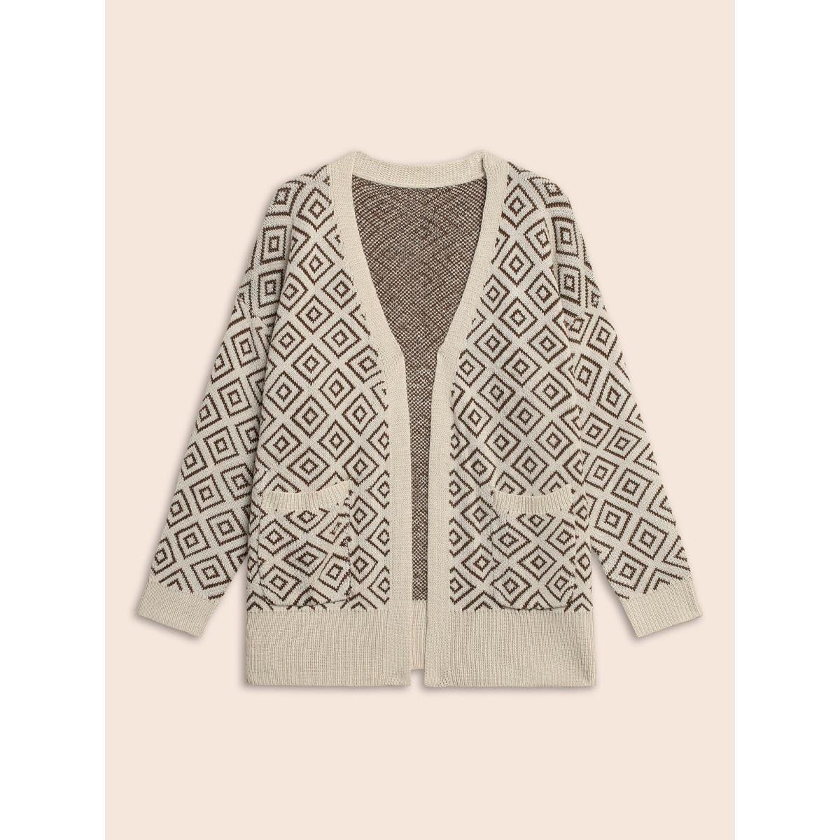 Plus Size Geometric Drop Shoulder Patch Pocket Cardigan WhiteSmoke Women Leisure Loose Long Sleeve Casual Cardigans BloomChic 22-24/3X Product Image