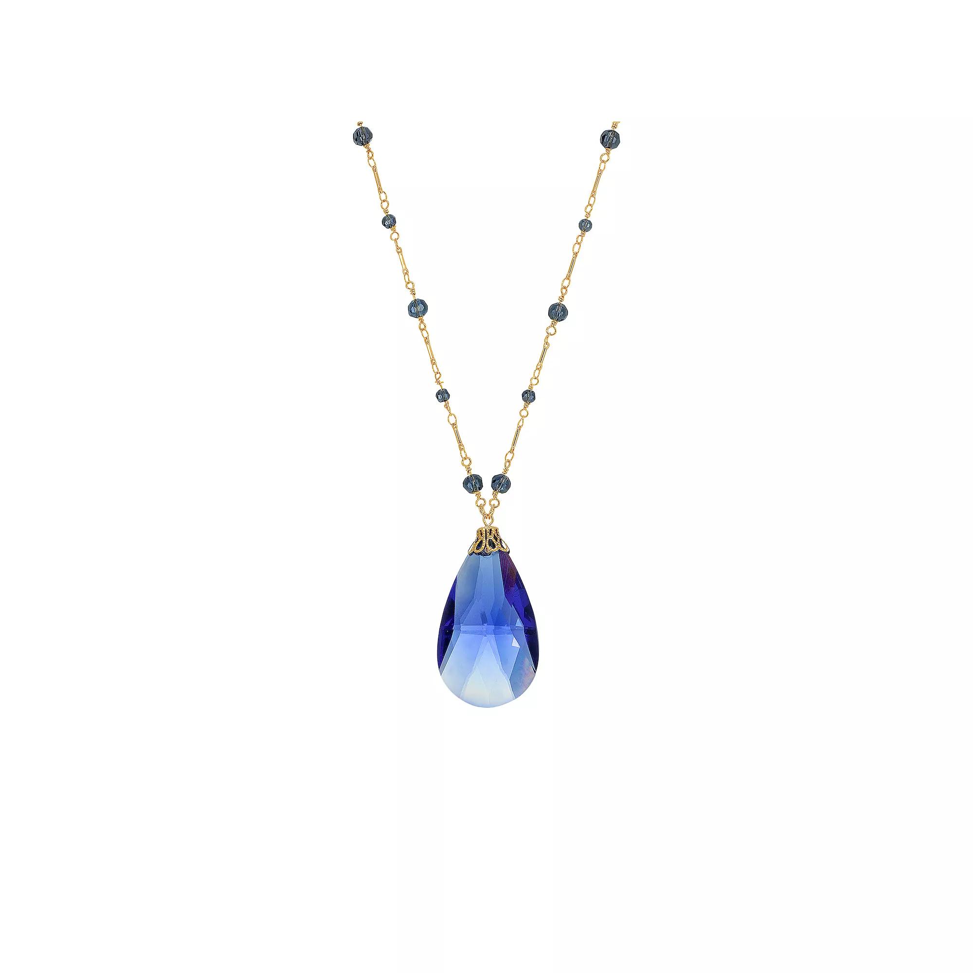 1928 Gold Tone Large Blue Briolette Pendant Necklace, Women's Product Image