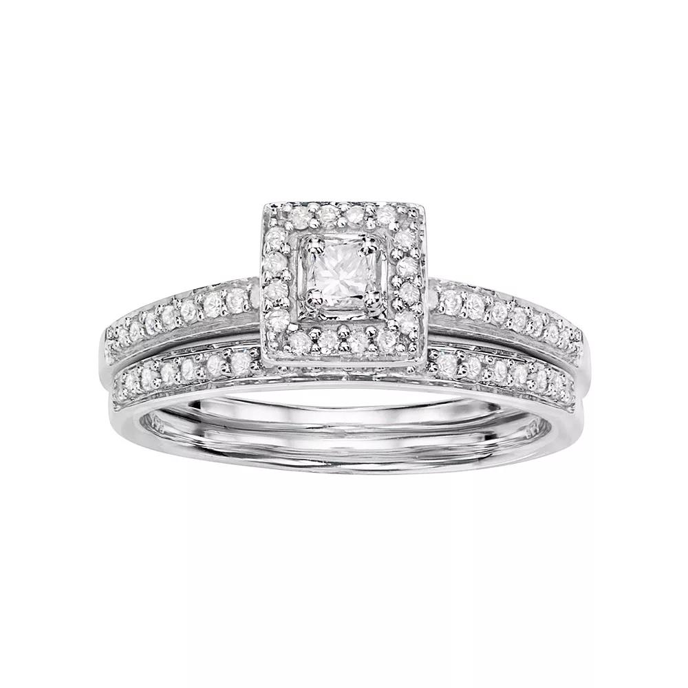 10k White Gold 1/2 Carat T.W. Diamond Square Halo Engagement Ring Set, Women's, Size: 8 Product Image
