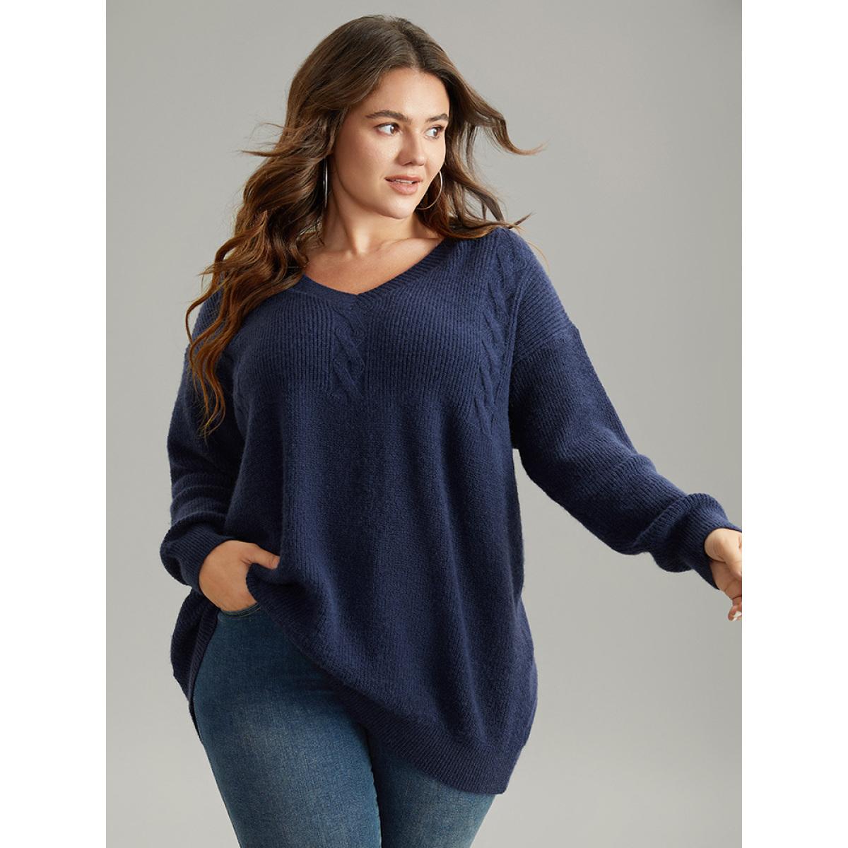 Plus Size Anti-Pilling Solid Cable Knit Button Detail Pullover Indigo Women Casual Loose Long Sleeve V-neck Dailywear Pullovers BloomChic 26/4X Product Image