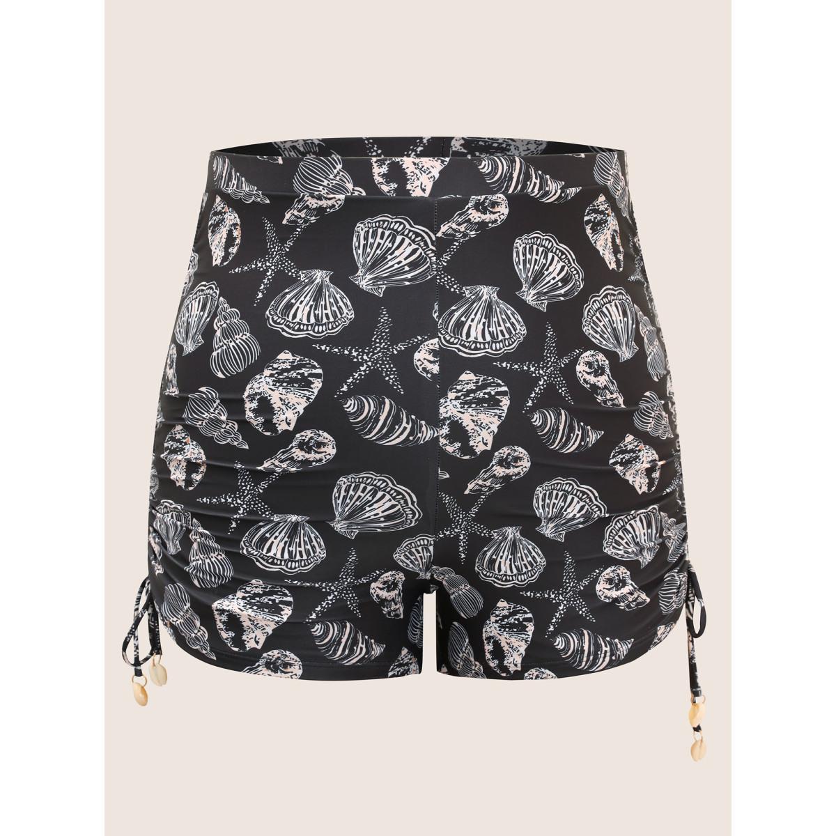Plus Size Shell Print Drawstring Side Skinny Swim Bottom Women's Swimwear Black Beach Drawstring High stretch Skinny High Rise Curve Swim Bottoms BloomChic 14-16/1X Product Image