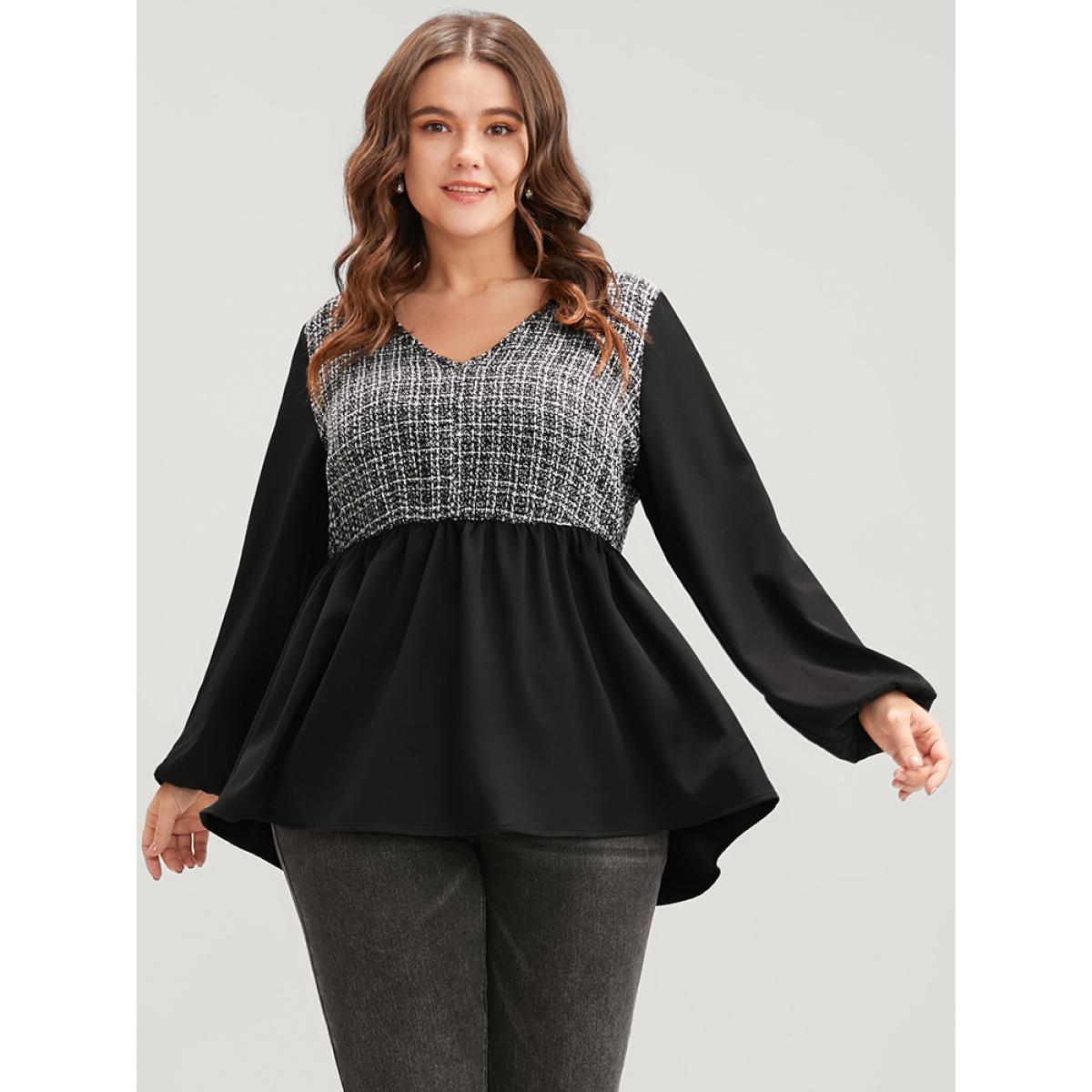 Plus Size Black Gingham Tweed Lantern Sleeve Asymmetrical Hem Blouse Women Elegant Long Sleeve V-neck Dailywear Blouses BloomChic 14-16/1X Product Image