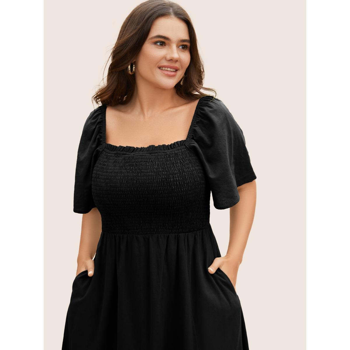 Plus Size Cotton Square Neck Shirred Ruffle Sleeve Split Hem Dress Black Women Casual Gathered Square Neck Short sleeve Curvy BloomChic 22-24/3X Product Image