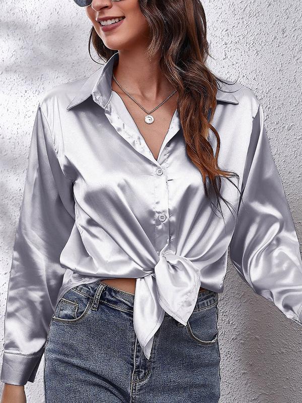 Long Sleeves Loose Solid Color Lapel Blouses Product Image