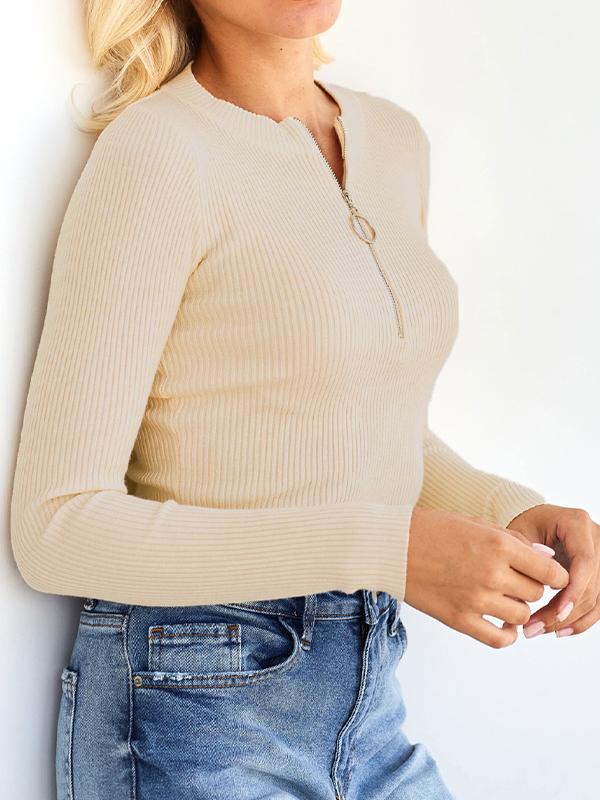 Solid Half Zip Crew Neck Long Sleeve Knit Product Image