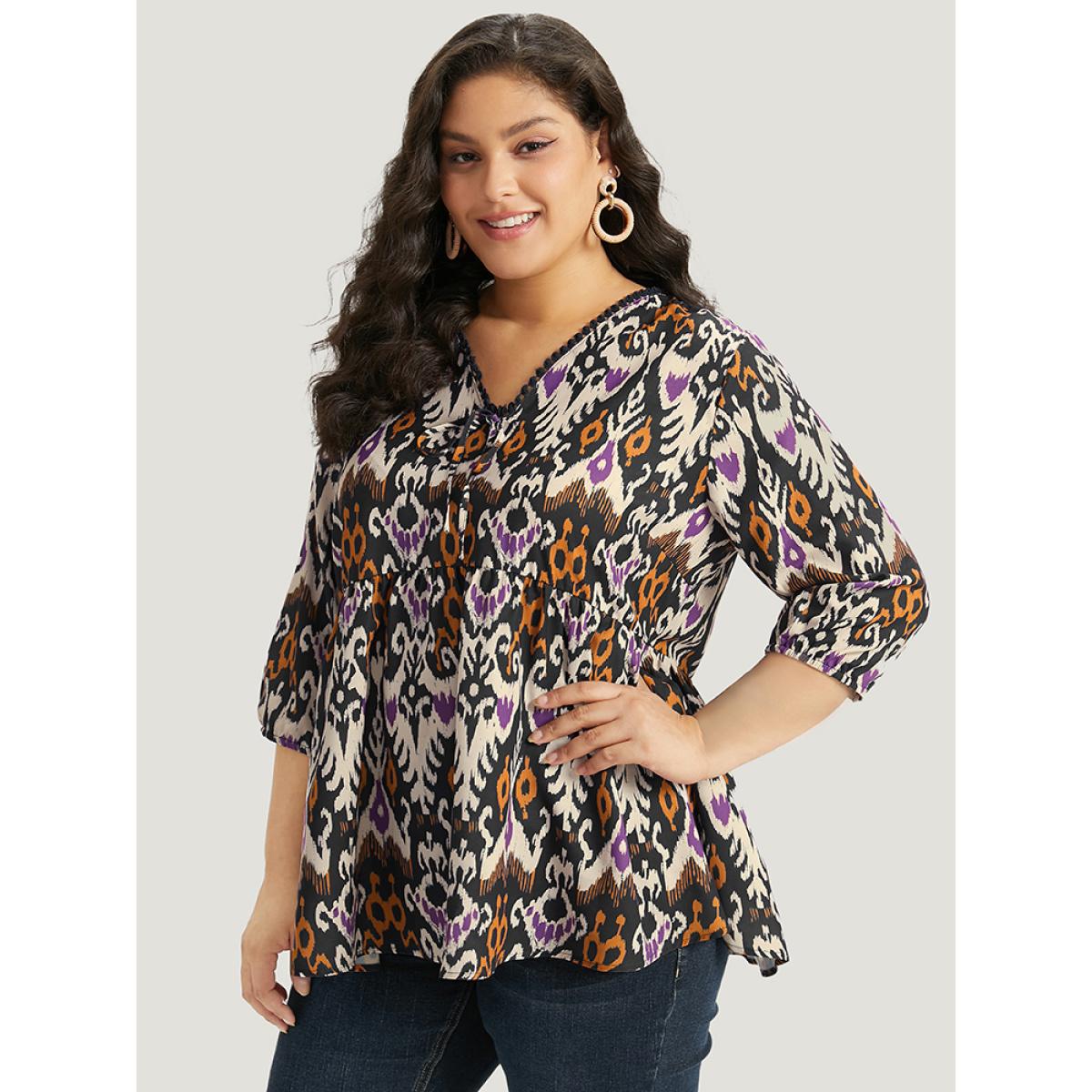 Plus Size Black Bandana Print Ties Pompom Trim Blouse Women Vacation Elbow-length sleeve V-neck Dailywear Blouses BloomChic 30/6X Product Image