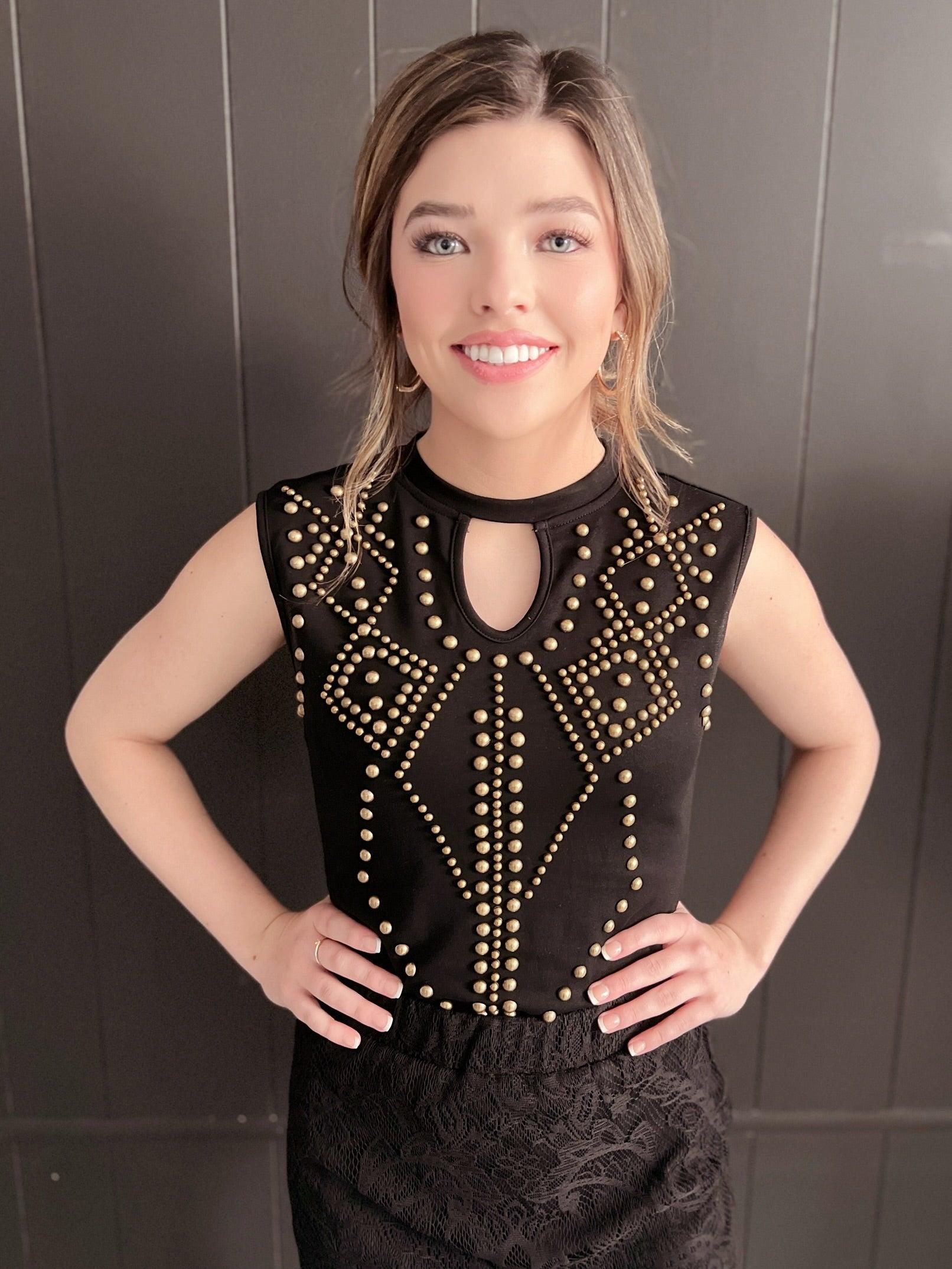 Black Keyhole Vintage Bronze Studded Bodysuit Product Image