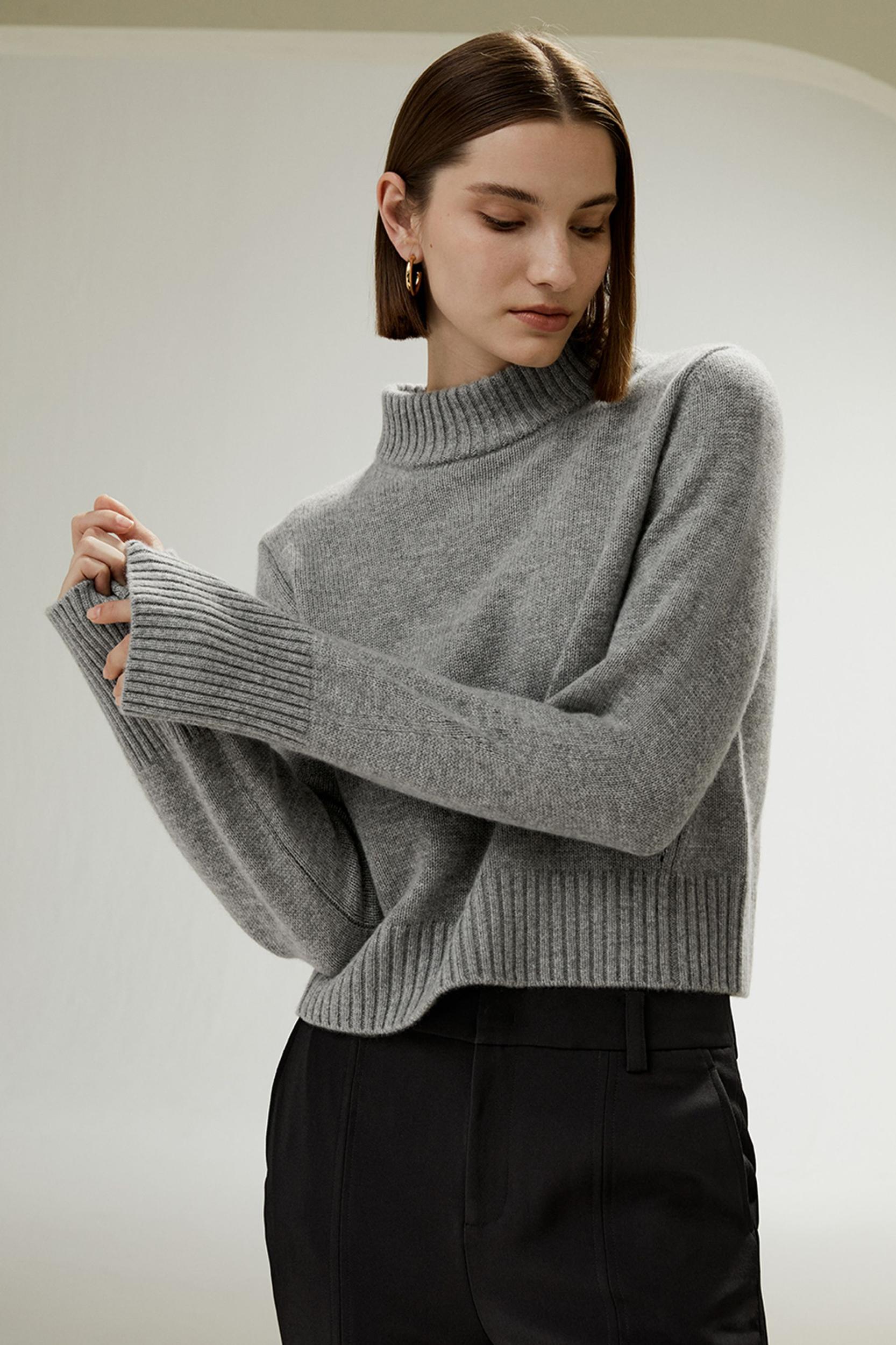 Ribbed Collar and Hemline Wool Cashmere Sweater Product Image