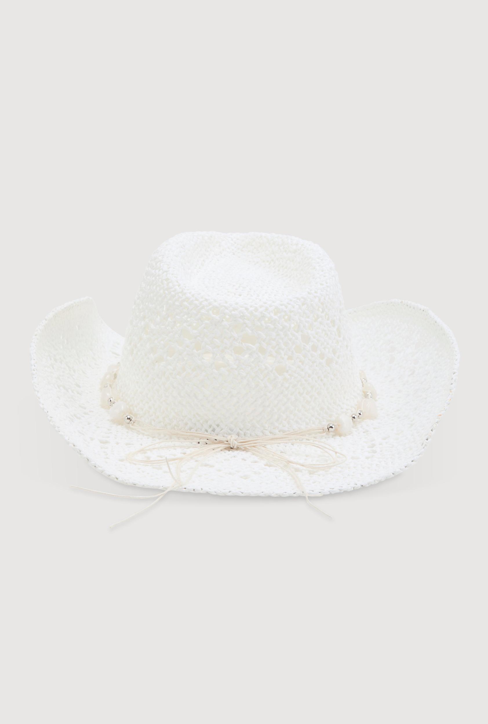 Beaded Trim Straw Cowboy Hat Female Product Image