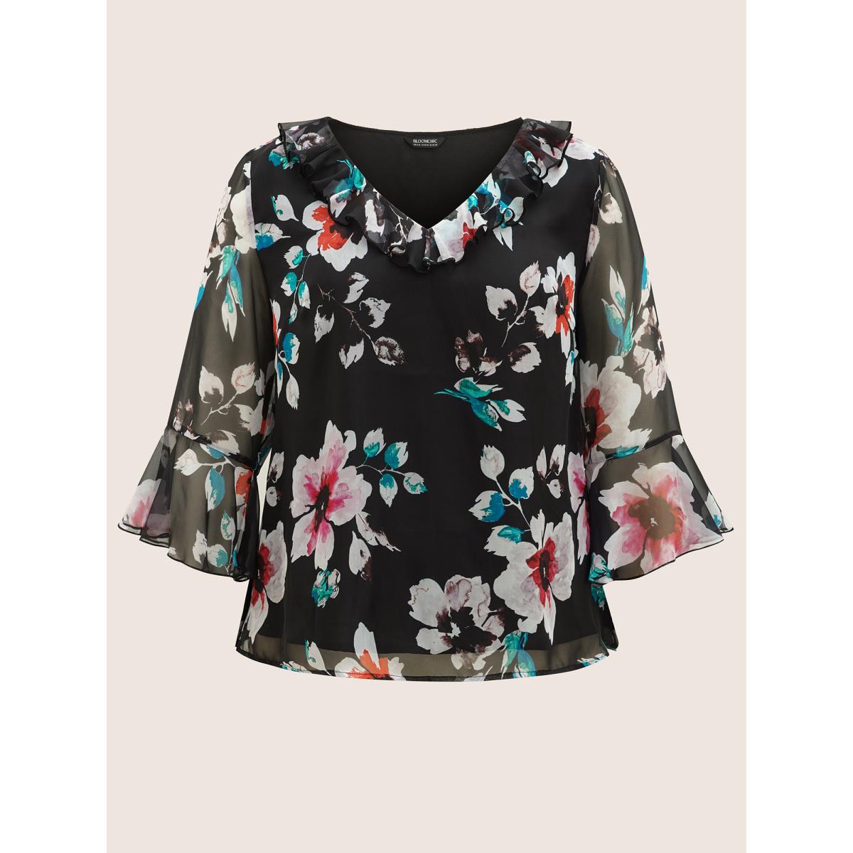 Plus Size Black Chiffon Floral Ruffles Mesh Blouse Women Elegant Elbow-length sleeve V-neck Everyday Blouses BloomChic 26/4X Product Image