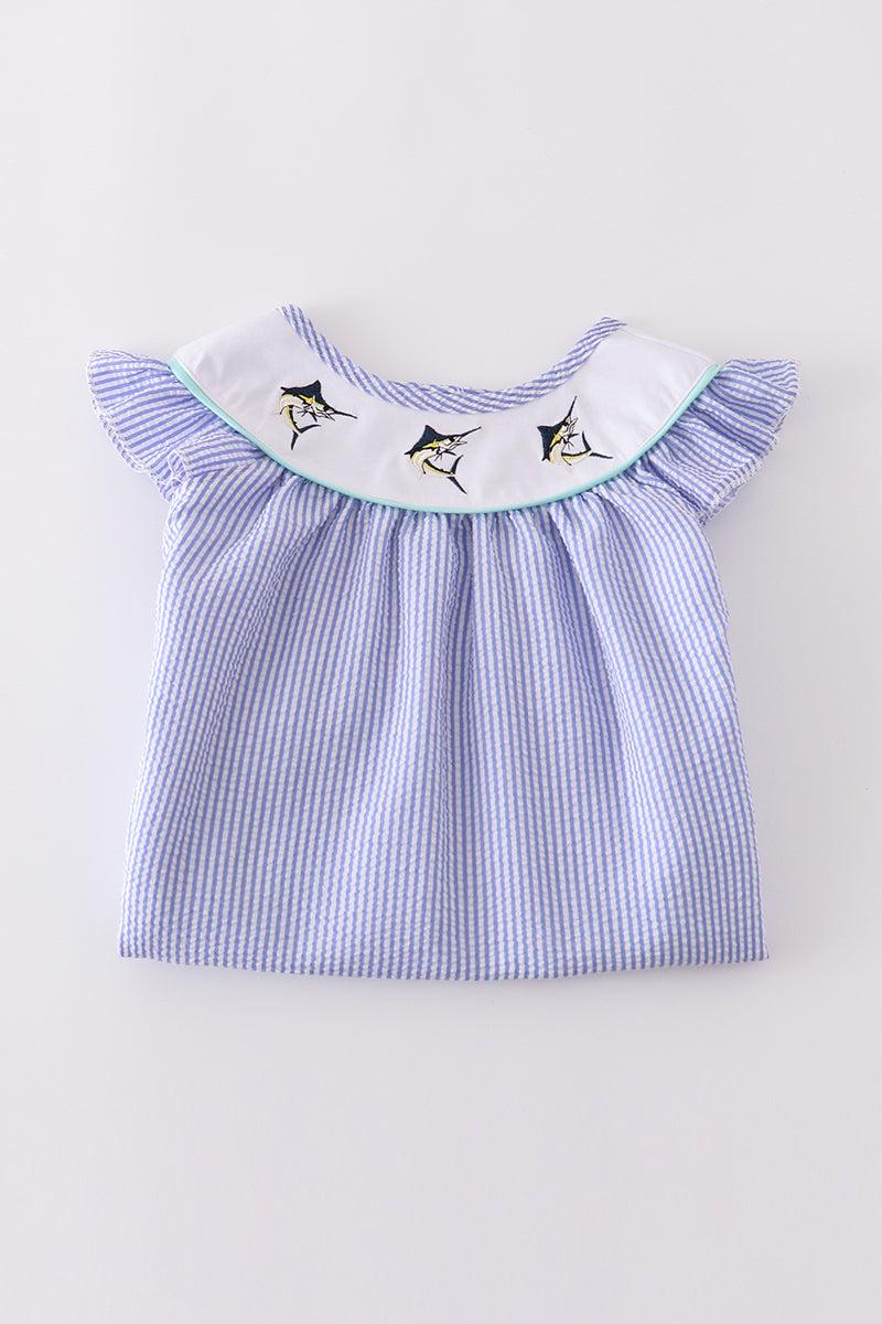 Blue stripe seersucker swordfish embroidery dress Product Image
