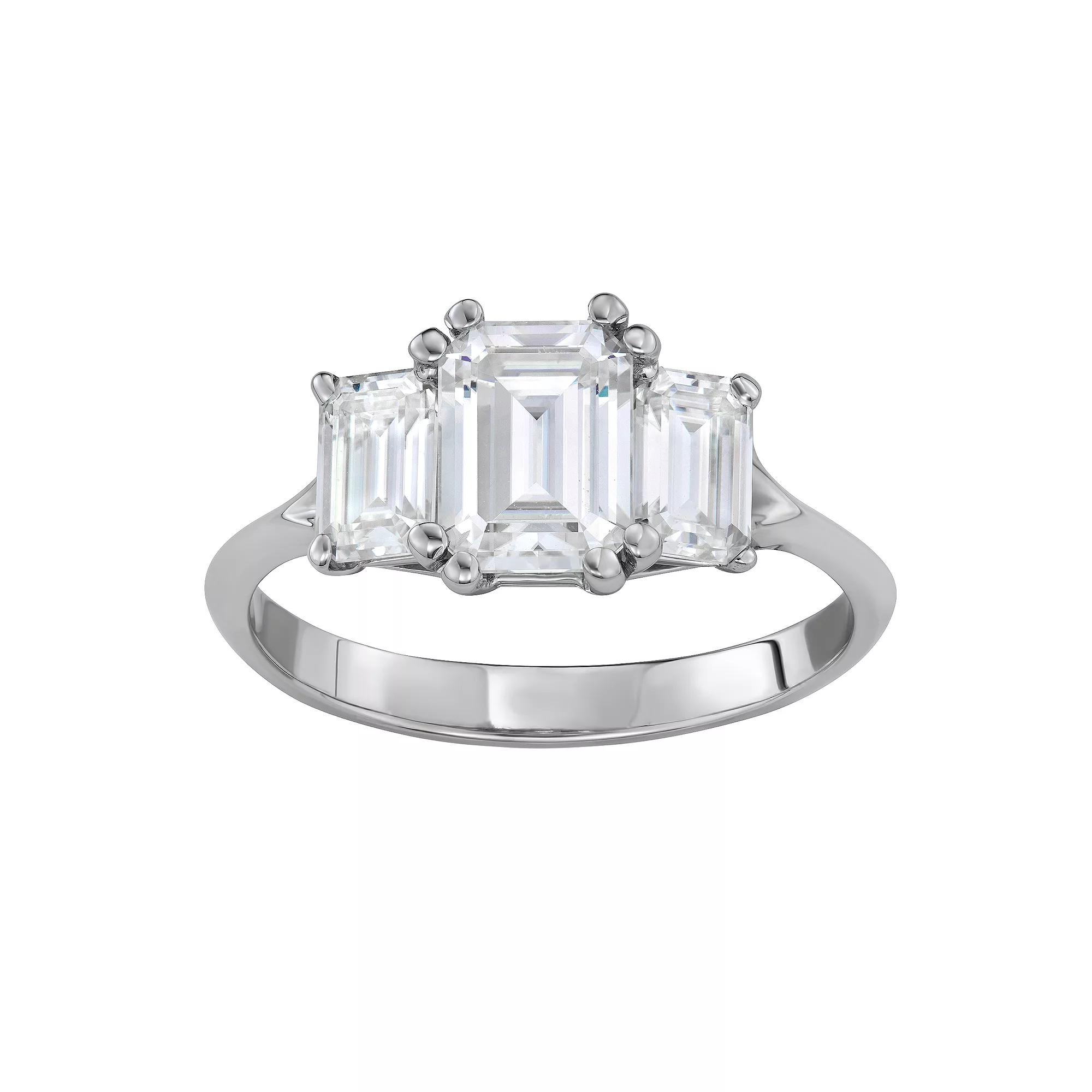 Charles & Colvard 14K White Gold 2 9/10 Carat T.W. Lab-Created Moissanite Emerald Three-Stone Ring, Women's, Size: 7, 14k Whgold Product Image