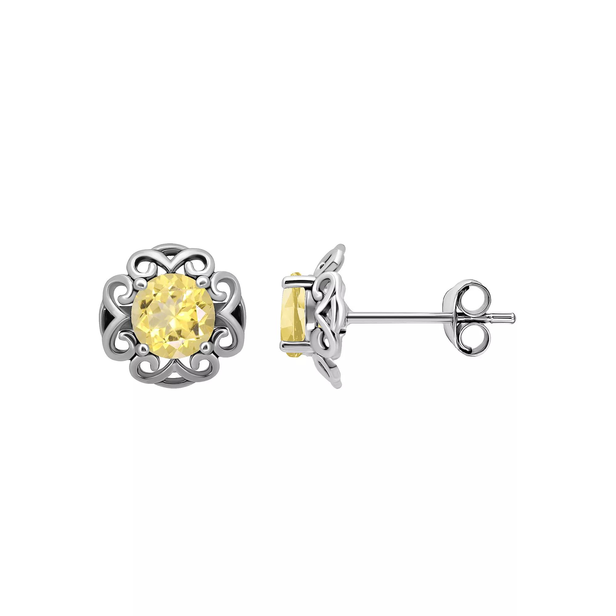 Aleure Precioso Sterling Silver Gemstone Scalloped Stud Earrings, Women's, Silver Tone Yellow Product Image