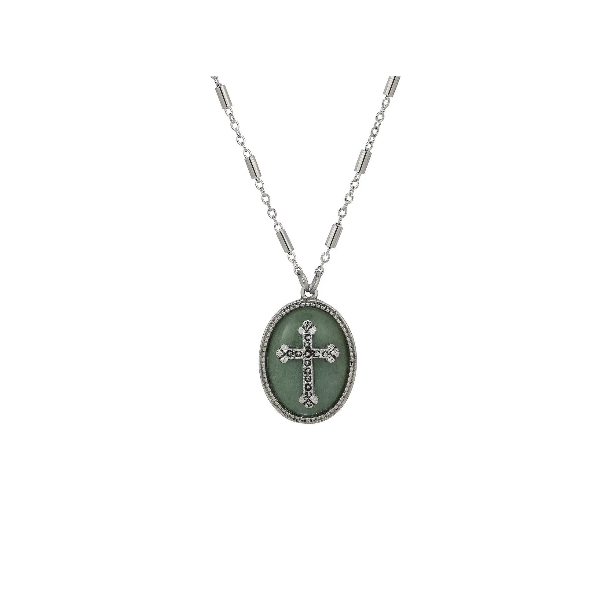 Symbols of Faith Silver Tone Stone With Pewter Cross Necklace, Womens, Green Product Image