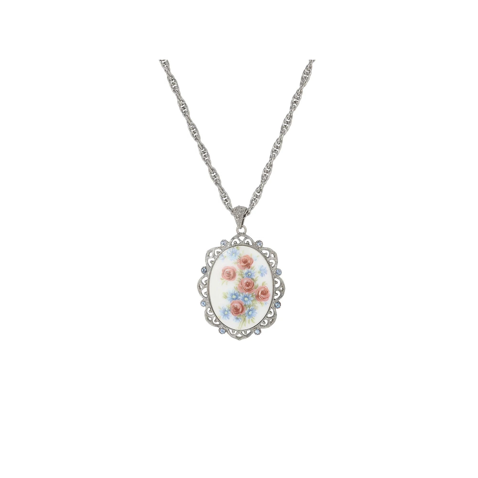 1928 Silver Tone Oval Floral Stone Blue Crystal Pendant Necklace, Women's, Pink Product Image