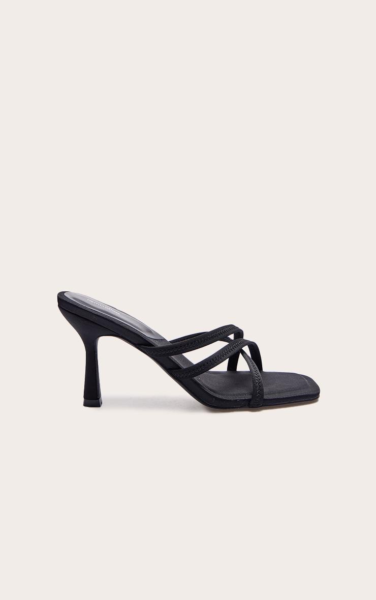 Black Lycra Square Toe Cross Strap Heeled Mules Product Image
