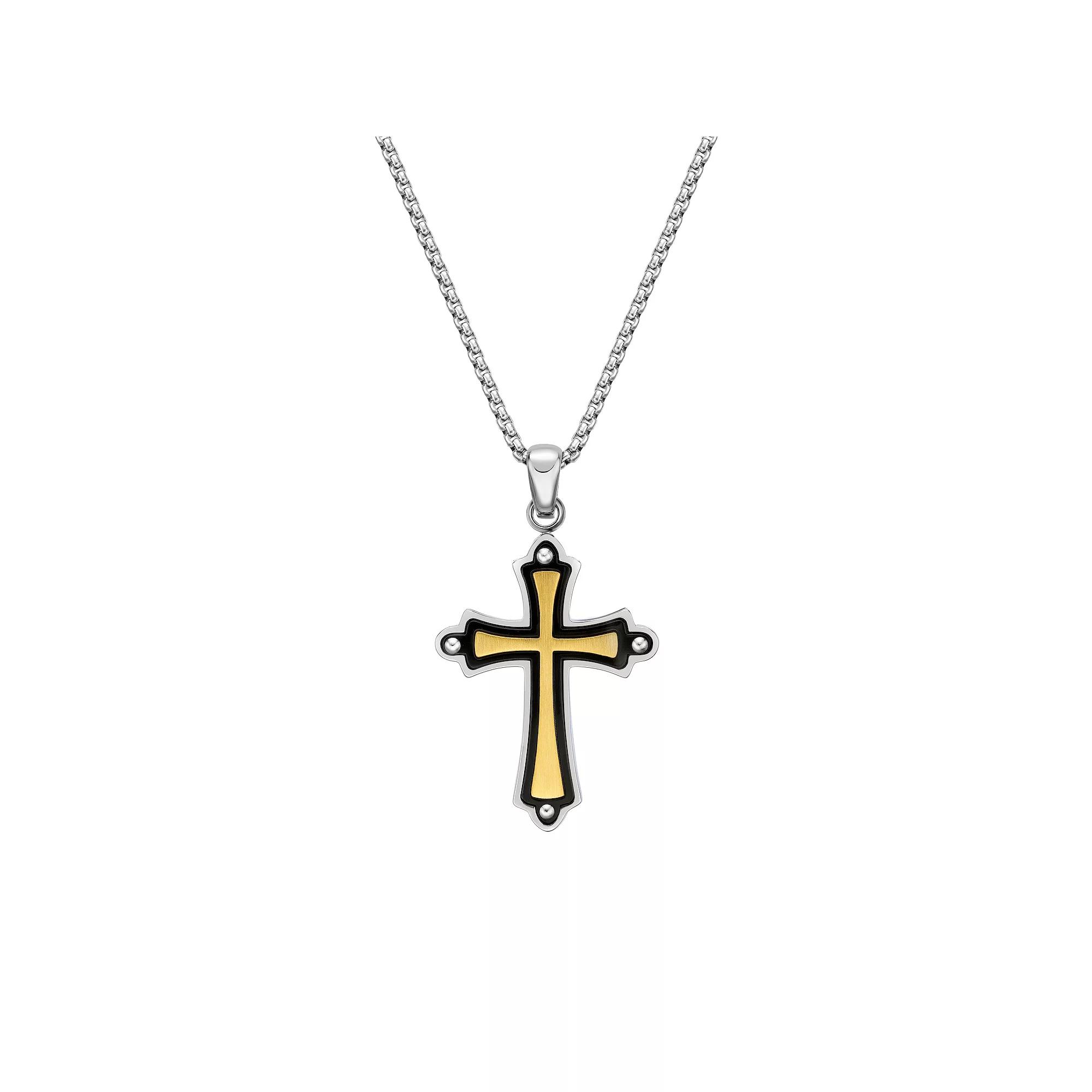 LYNX Men's Tri-Tone Stainless Steel Cross Pendant Necklace, Size: 24" Product Image