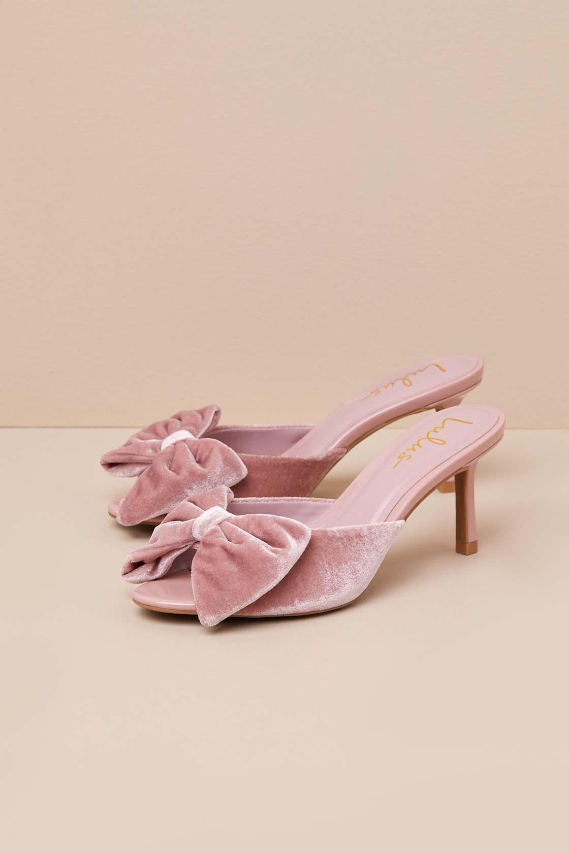 Kendyl Blush Velvet Bow High Heel Slide Sandals Product Image