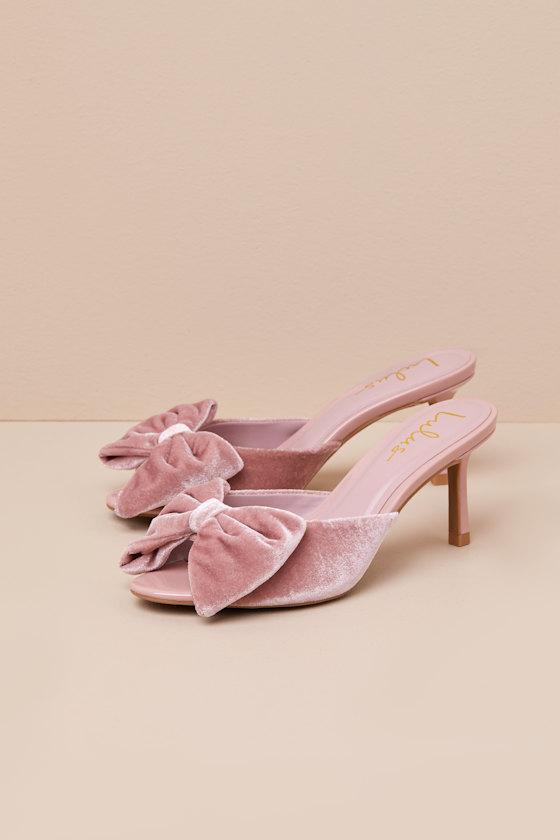 Kendyl Blush Velvet Bow High Heel Slide Sandals Product Image