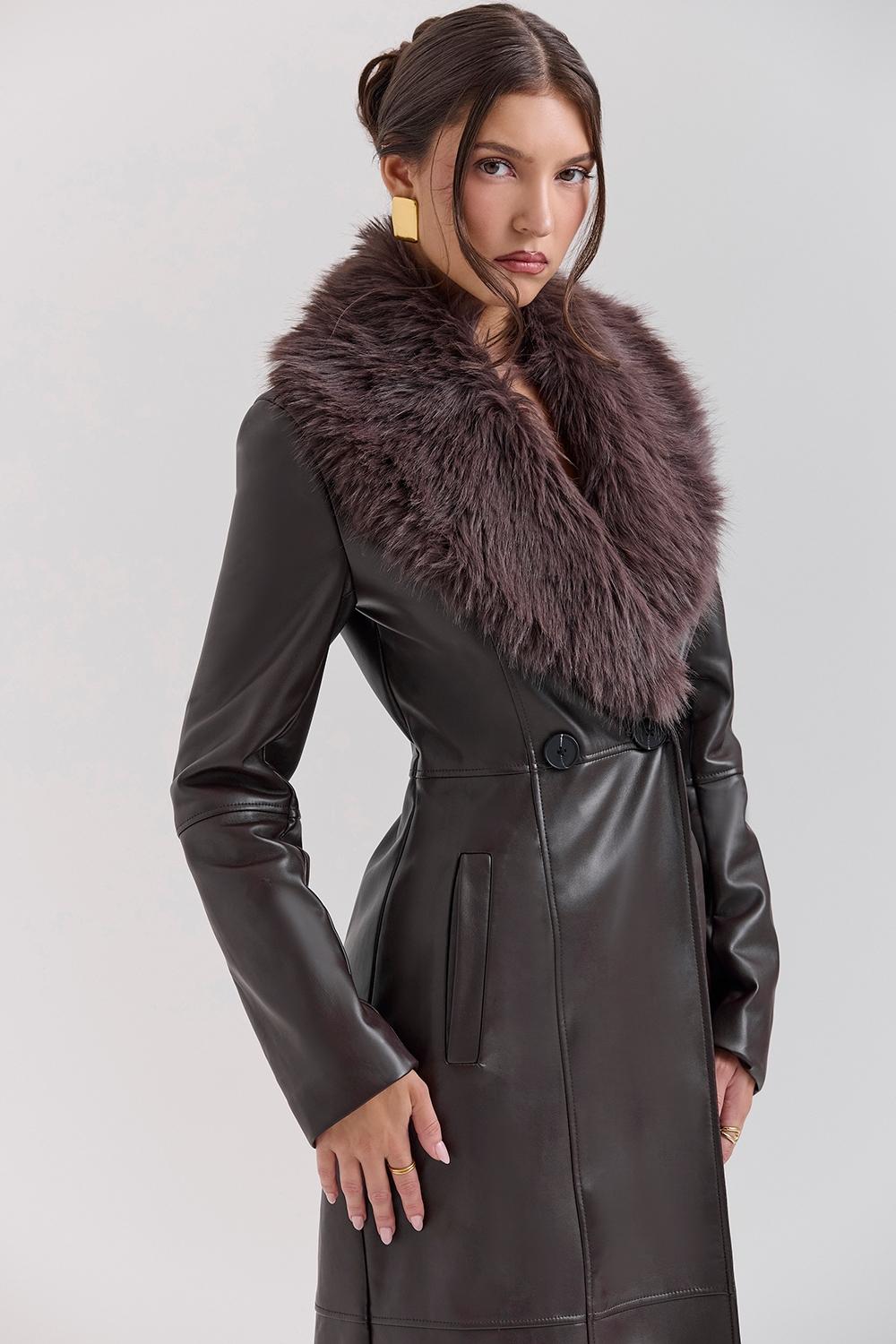 Marcel  brown faux fur trimmed vegan leather coat - sale Product Image