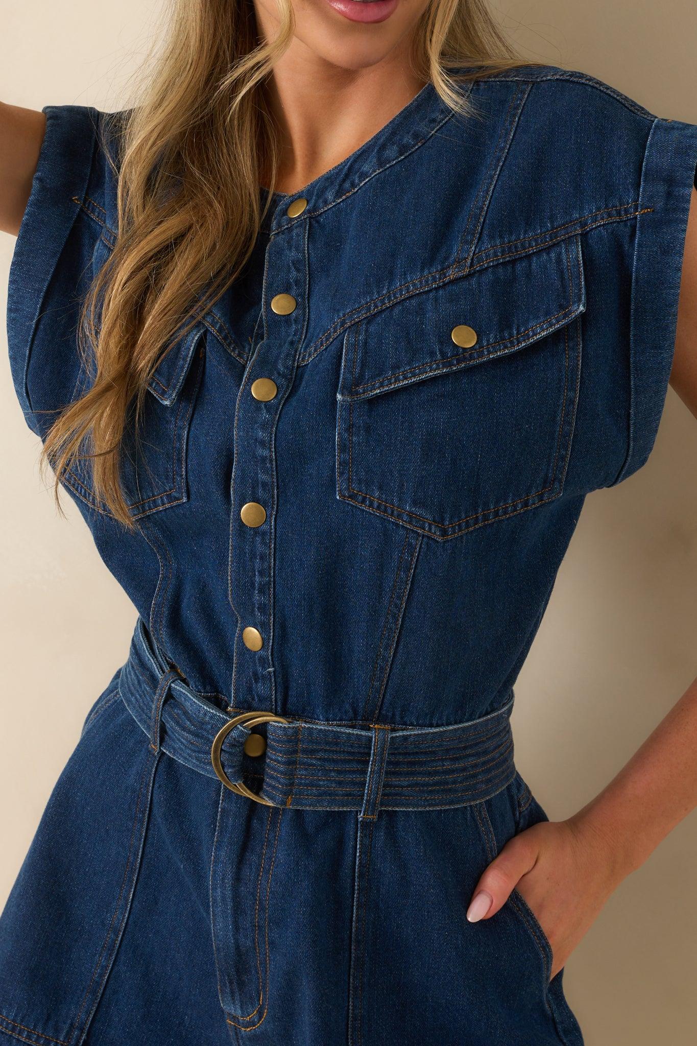 The Road Less Traveled Dark Wash Denim Romper Product Image
