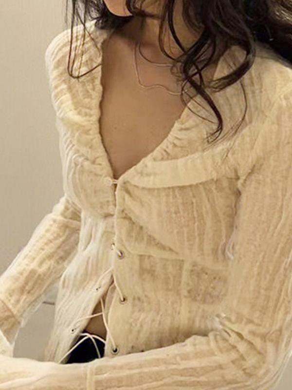 Ruched Lace Up V Neck Long Sleeve Blouse Product Image