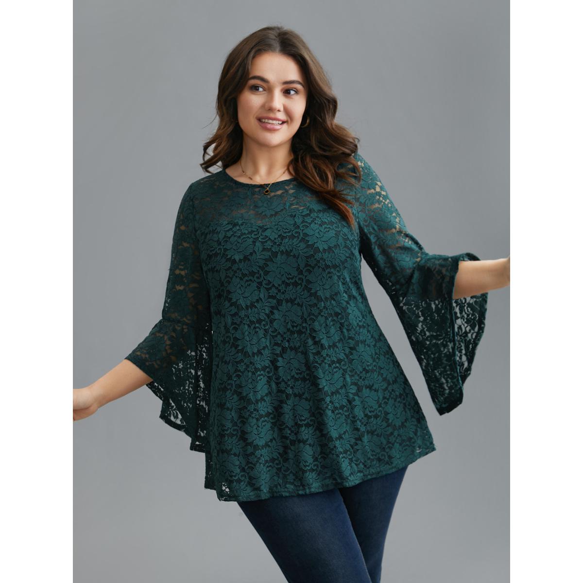 Plus Size DarkGreen Sheer Lace Irregular Sleeve Lined Shirt Women Romantic Long Sleeve Round Neck Elegant Blouses BloomChic 30/6X Product Image