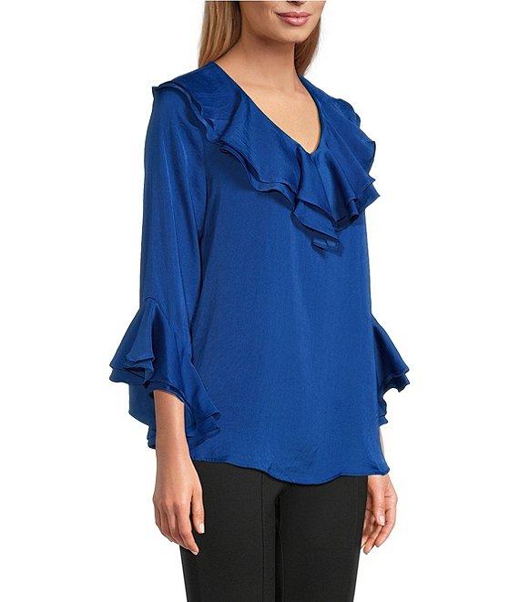 Slim Factor by Investments Corinne V-Neck 3/4 Ruffle Sleeve Blouse Product Image