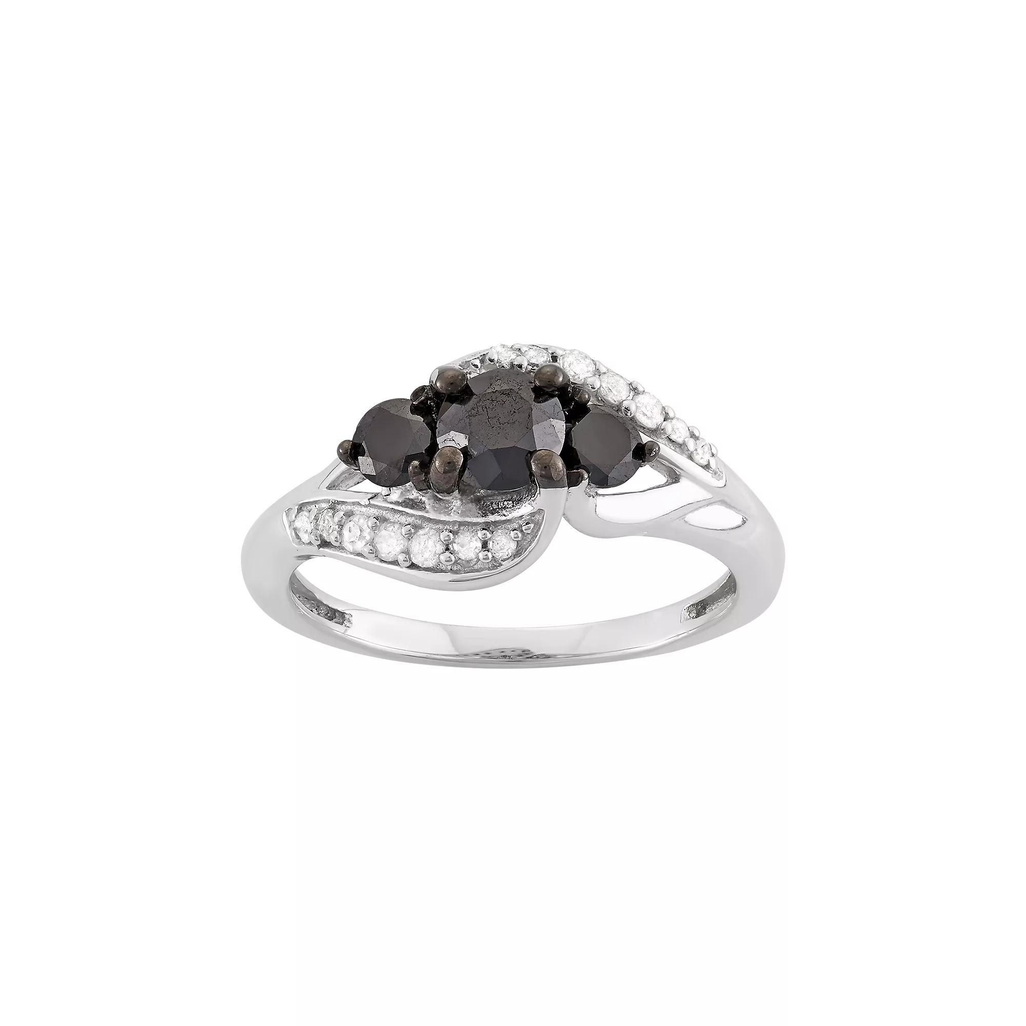 Jewelexcess 1 Carat T.W. Black & White Diamond Sterling Silver 3-Stone Ring, Women's, Size: 8 Product Image