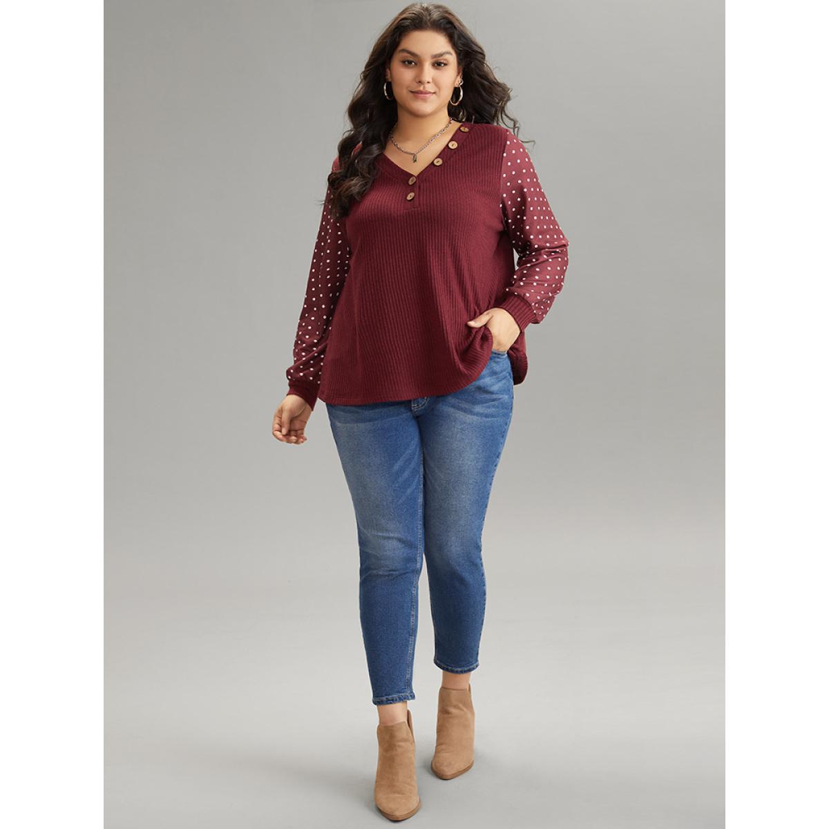 Plus Size Polka Dot Patchwork Button Detail Rib Knit T-shirt Burgundy Women Casual Texture Polka Dot V-neck Dailywear T-shirts BloomChic 30/6X Product Image