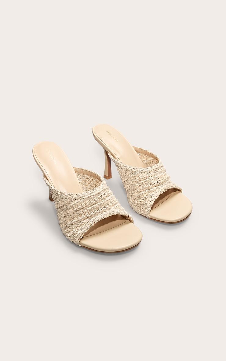 Cream Pu Round Toe Crochet Strap Mid Heeled Mules Product Image