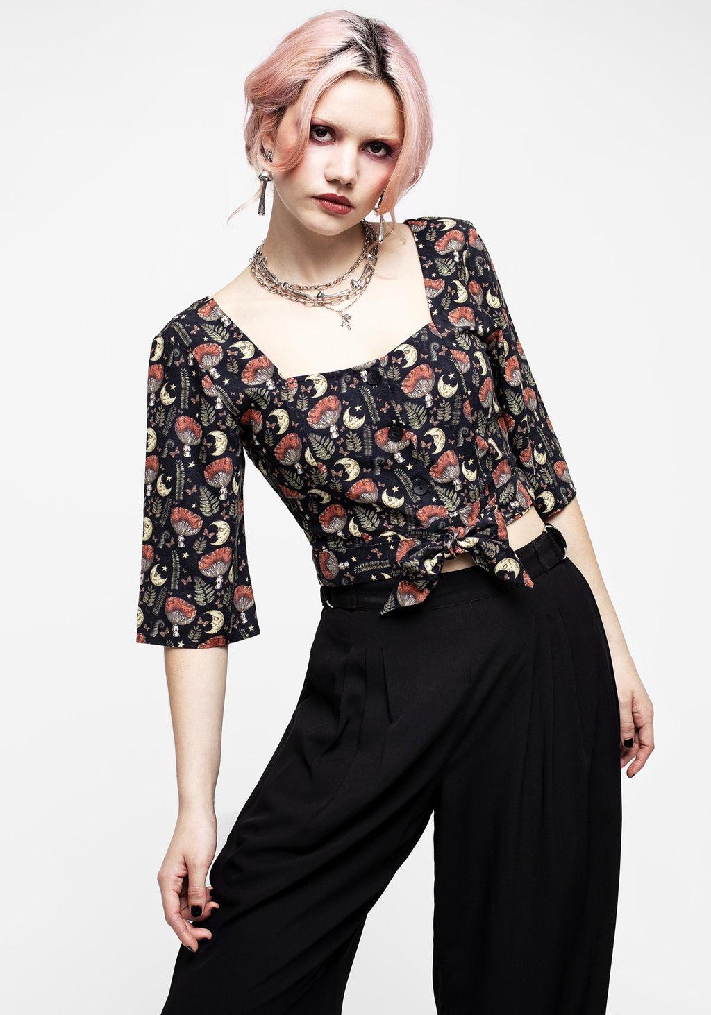 Dreamfast Mushroom Moon Print Button Up Tie Crop Top Product Image