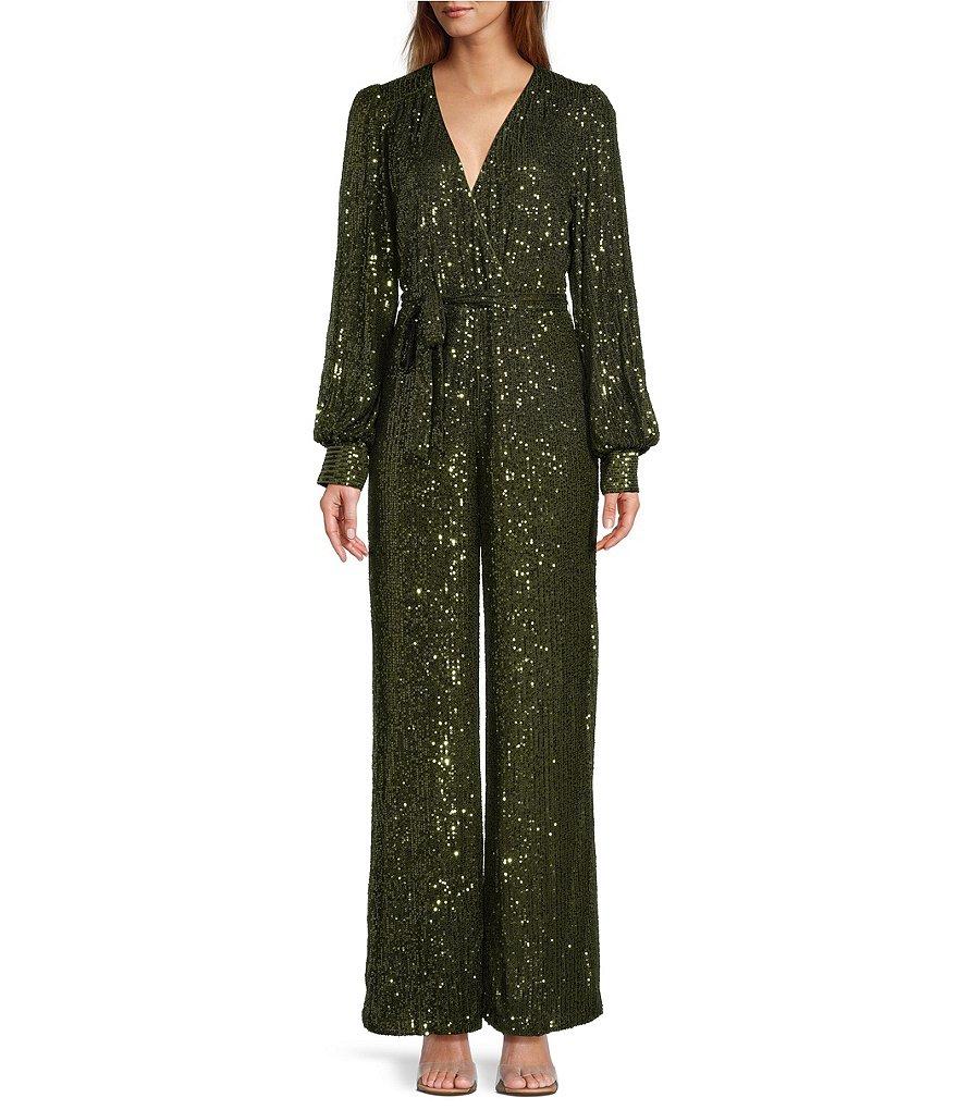 Skies Are Blue Sequin Wrap Tie V-Neck Long Sleeve Wide Leg Jumpsuit Product Image