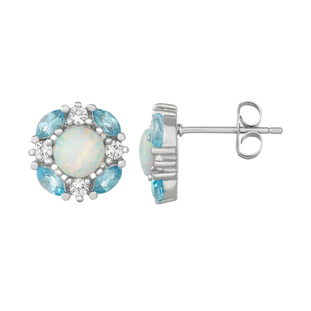 Sterling Silver Blue Topaz, Lab-Created Opal & White Sapphire Cluster Stud Earrings, Women's Product Image